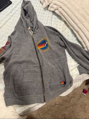 Aviator Nation Gray Hoodie with Rainbow Sleeve and Patch